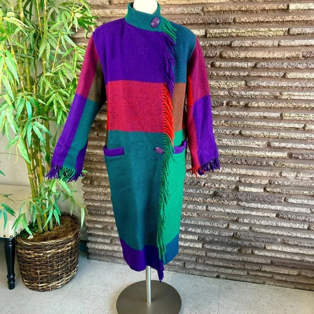 Vintage 80s Gallery Colorblock Melton Wool Blanket Coat With Fringe Size XS